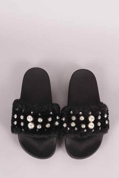 Beaded Pearl Embellished Faux Fur Slide Sandals