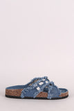 Jewel Embellished Crisscross Frayed Denim Cork Slide Sandal