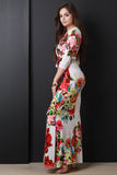 Floral Three Quarter Sleeve Surplice Fitted Maxi Dress