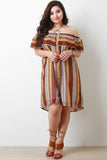 Chiffon Tribal Stripe Off-The-Shoulder Ruffle Midi Dress