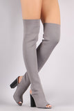 Bamboo Stretchy Knit Peep Toe Chunky Heeled Over-The-Knee Boots