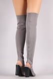 Bamboo Stretchy Knit Peep Toe Chunky Heeled Over-The-Knee Boots