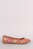 Bamboo Suede Floral Embroidery Pointy Toe Flat