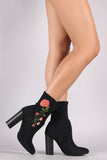 Embroidered Floral Elastane Chunky Heeled Ankle Boots