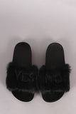 Embroidered Yes No Faux Fur Slide Sandal