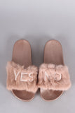 Embroidered Yes No Faux Fur Slide Sandal