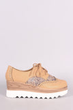 Perforated Crochet Mesh Lug Sole Lace Up Oxford Platform Wedge