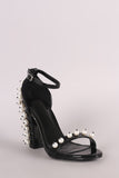Metallic Patent Pearl Embellished Open Toe Ankle Strap Chunky Heel