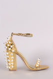 Metallic Patent Pearl Embellished Open Toe Ankle Strap Chunky Heel