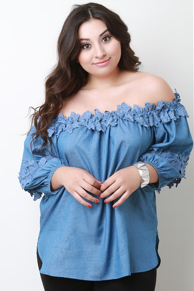 Chambray Floral Crochet Off The Shoulder Top