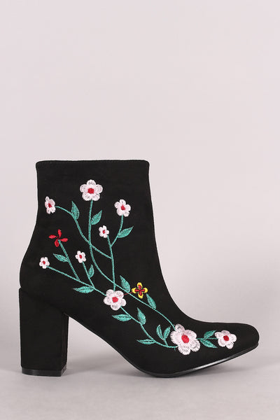 Suede Embroidered Floral Vines Chunky Heeled Booties