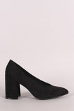 Qupid Suede Pointy Toe V Cut Chunky Heeled Pump