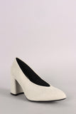 Qupid Suede Pointy Toe V Cut Chunky Heeled Pump