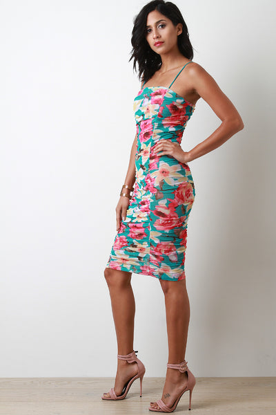 Floral Mesh Ruched Bodycon Dress