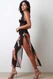 Mesh Feather Print Side Slit Cover-Up Maxi