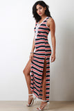 Side Slit Striped Lace-Up Maxi Dress