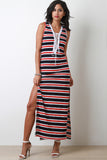 Side Slit Striped Lace-Up Maxi Dress