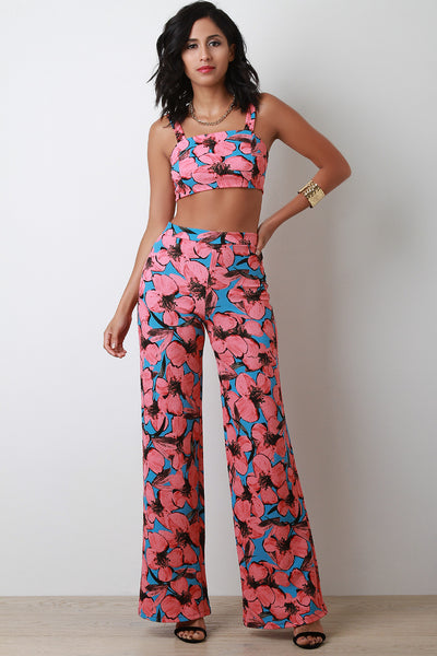 Vibrant Floral Crop Top With High Waisted Palazzo Pants Set