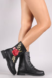 Wild Diva Lounge Embroidered Rosette Lace Up Combat Boots