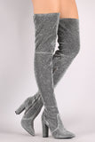 Bamboo Foiled Metallic Fabric Chunky Heeled Over-The-Knee Boots