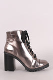 Qupid Patent Chunky Heeled Combat Lace-Up Ankle Boots
