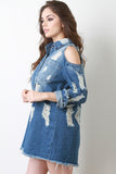 Cold Shoulder Distressed Denim Jean Shirt Dress