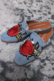 City Classified Embroidered Floral Frayed Denim Mule Flat