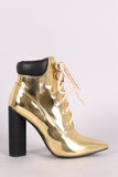 Qupid Metallic Chunky Heeled Combat Lace-Up Ankle Boots