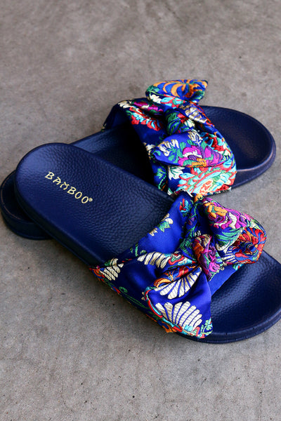 Bamboo Satin Embroidered Brocade Bow Slide Sandal