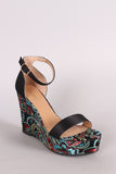 Bamboo Satin Ankle Strap Embroidered Brocade Platform Wedge