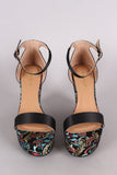 Bamboo Satin Ankle Strap Embroidered Brocade Platform Wedge