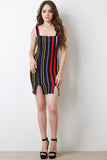 Rainbow Striped Slit Bodycon Mini Dress