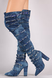 Distressed Denim Chunky Heeled Over-The-Knee Boots