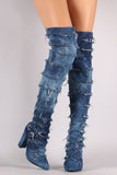 Distressed Denim Chunky Heeled Over-The-Knee Boots