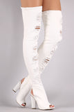 Bamboo Distressed Denim Chunky Heeled Over-The-Knee Boots