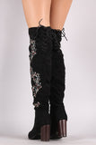 Qupid Embroidered Floral Suede Back Lace-Up Chunky Heeled Boots