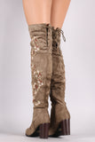 Qupid Embroidered Floral Suede Back Lace-Up Chunky Heeled Boots