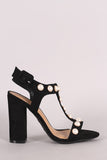 Bamboo Suede Faux Pearl T-Strap Chunky Heel
