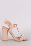 Bamboo Suede Faux Pearl T-Strap Chunky Heel