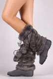 Faux Fur Strappy Pom Pom Suede Mid Calf Boots