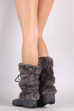Faux Fur Strappy Pom Pom Suede Mid Calf Boots