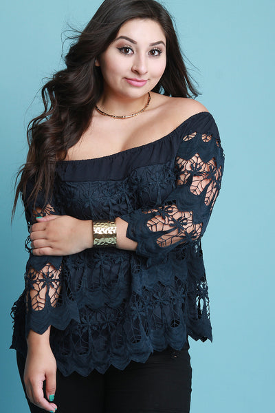 Crochet Lace Off-The-Shoulder Long Sleeves Scallop Top
