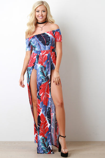 Feather And Palm M-Slit Maxi Dress