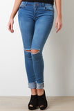 Distressed Frayed Fold Up Cuff Skinny Denim Jeans