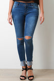 Distressed Frayed Fold Up Cuff Skinny Denim Jeans