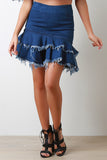 High Rise Frayed Tiered Denim Midi Skirt
