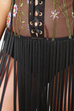 Floral Mesh Bustier Bodysuit Fringe Maxi Dress