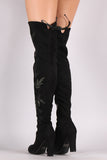Wild Diva Lounge Embroidered Floral Chunky Heeled Suede OTK Boots