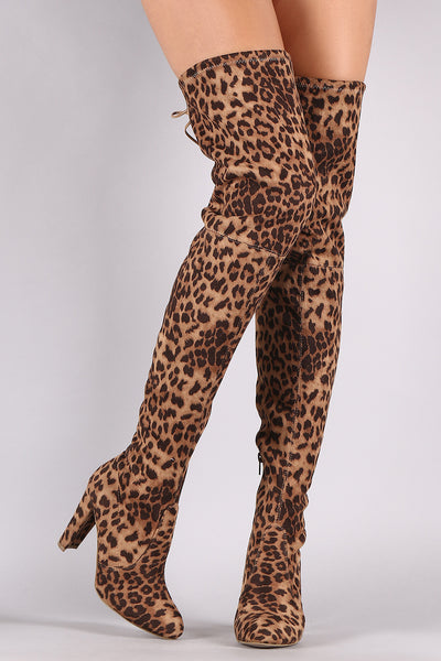 Wild Diva Lounge Leopard Drawstring Tie Heeled Over-The-Knee Boots