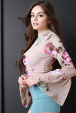 Floral Mesh Long Bell Statement Sleeve Top